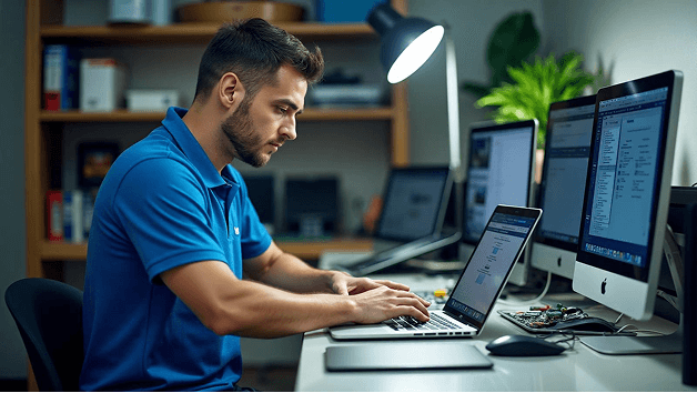 Técnico da MJ Soluções trabalhando em notebook e computadores
