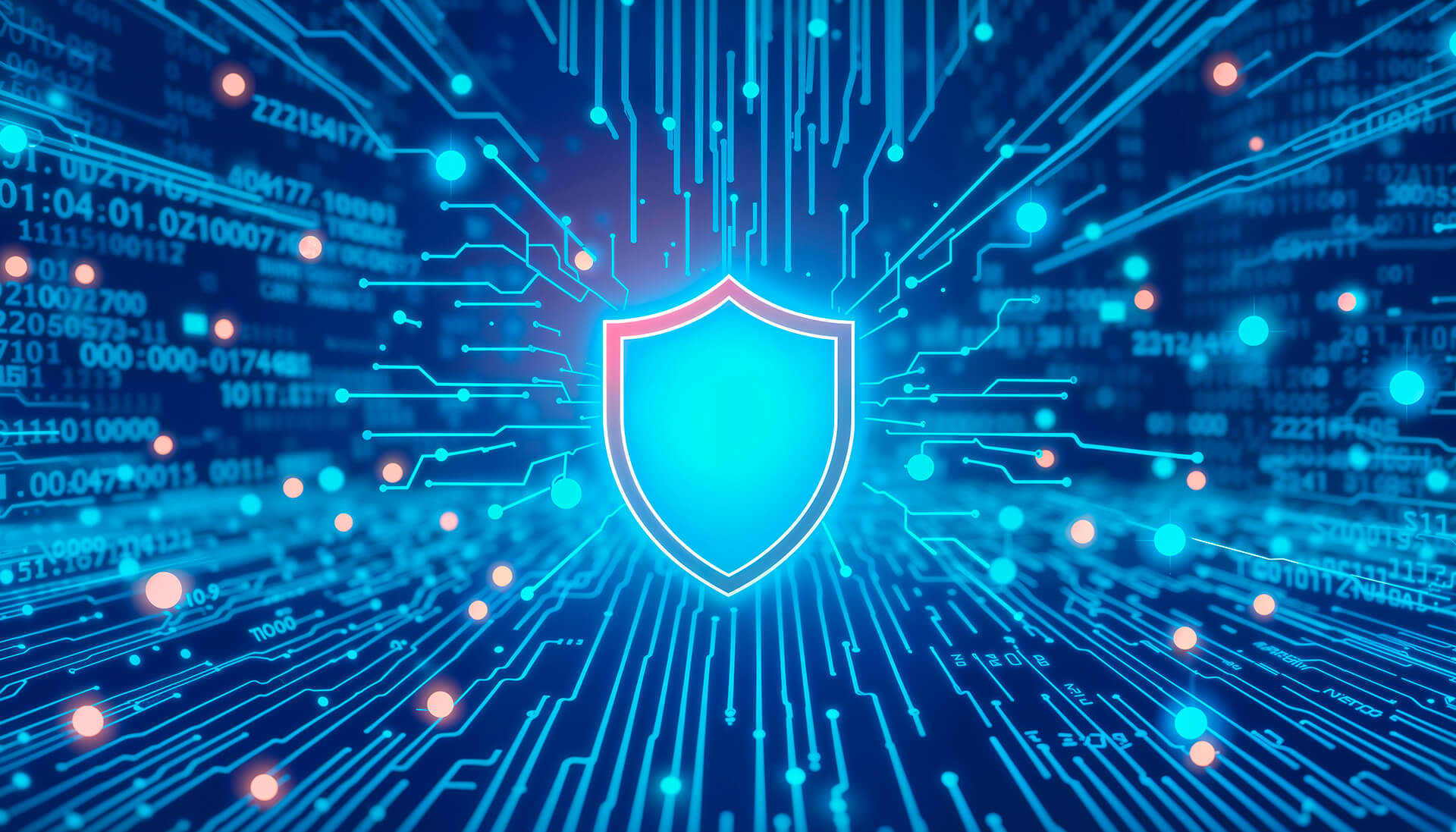 Imagem digital com escudo de proteção representando segurança cibernética e proteção de dados em rede de tecnologia avançada.