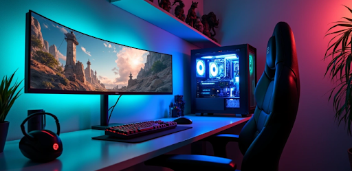 Setup gamer com PC iluminado.
