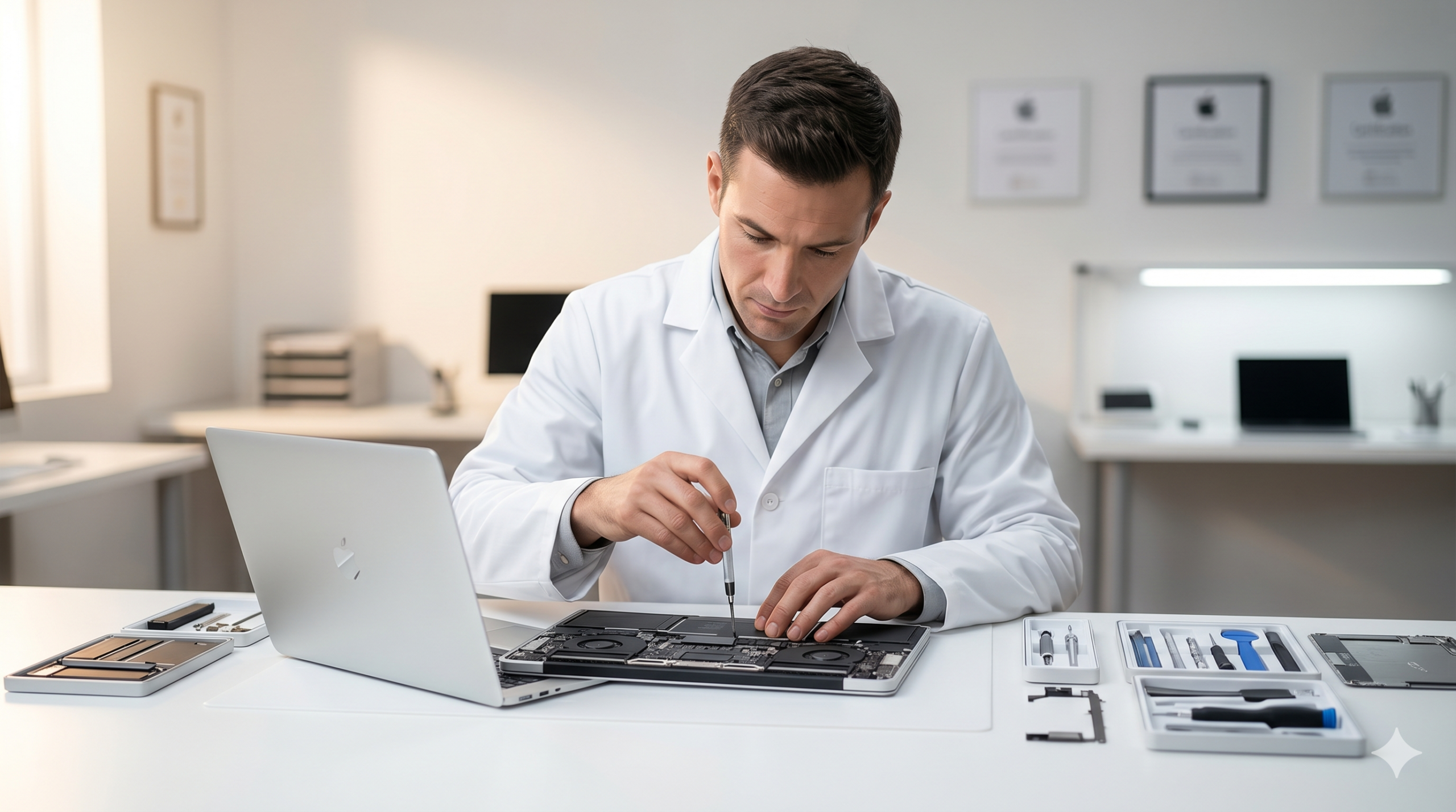 T&eacute;cnico certificado Apple realizando assist&ecirc;ncia t&eacute;cnica para MacBook desmontado sobre bancada branca, com ferramentas de precis&atilde;o e diplomas de certifica&ccedil;&atilde;o ao fundo