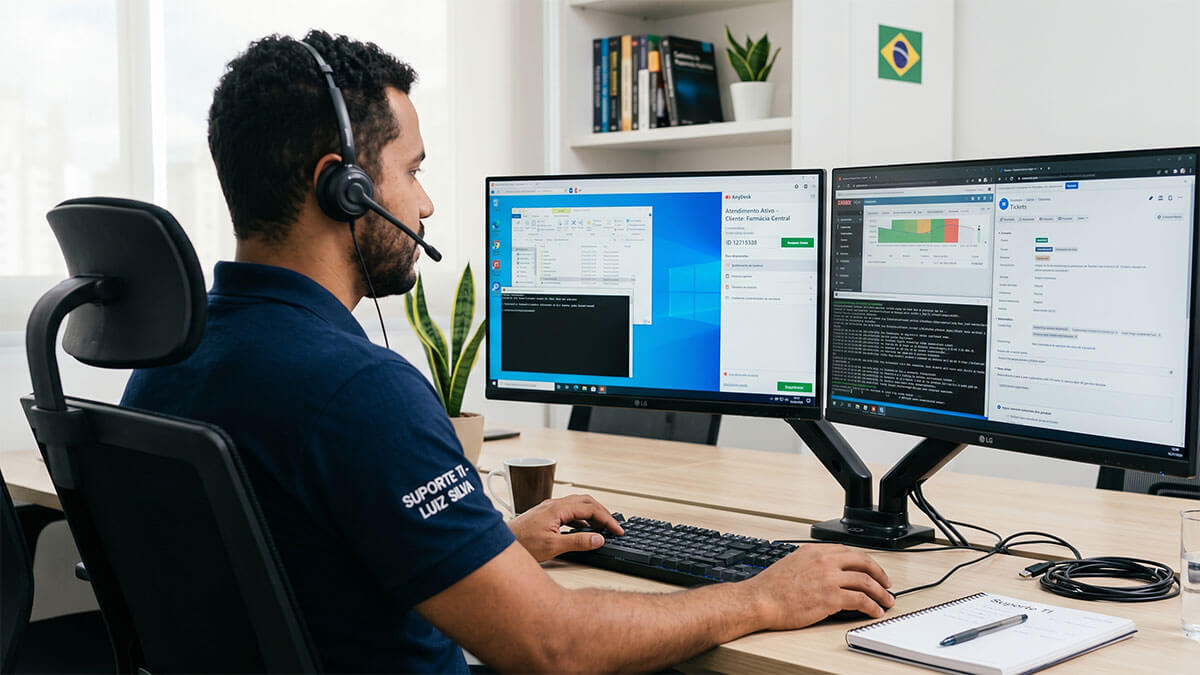 T&eacute;cnico realizando suporte t&eacute;cnico remoto para notebook via computador
