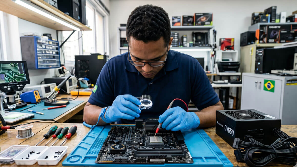 T&eacute;cnico analisando placa-m&atilde;e ou fonte com defeito de computador sobre bancada de assist&ecirc;ncia t&eacute;cnica