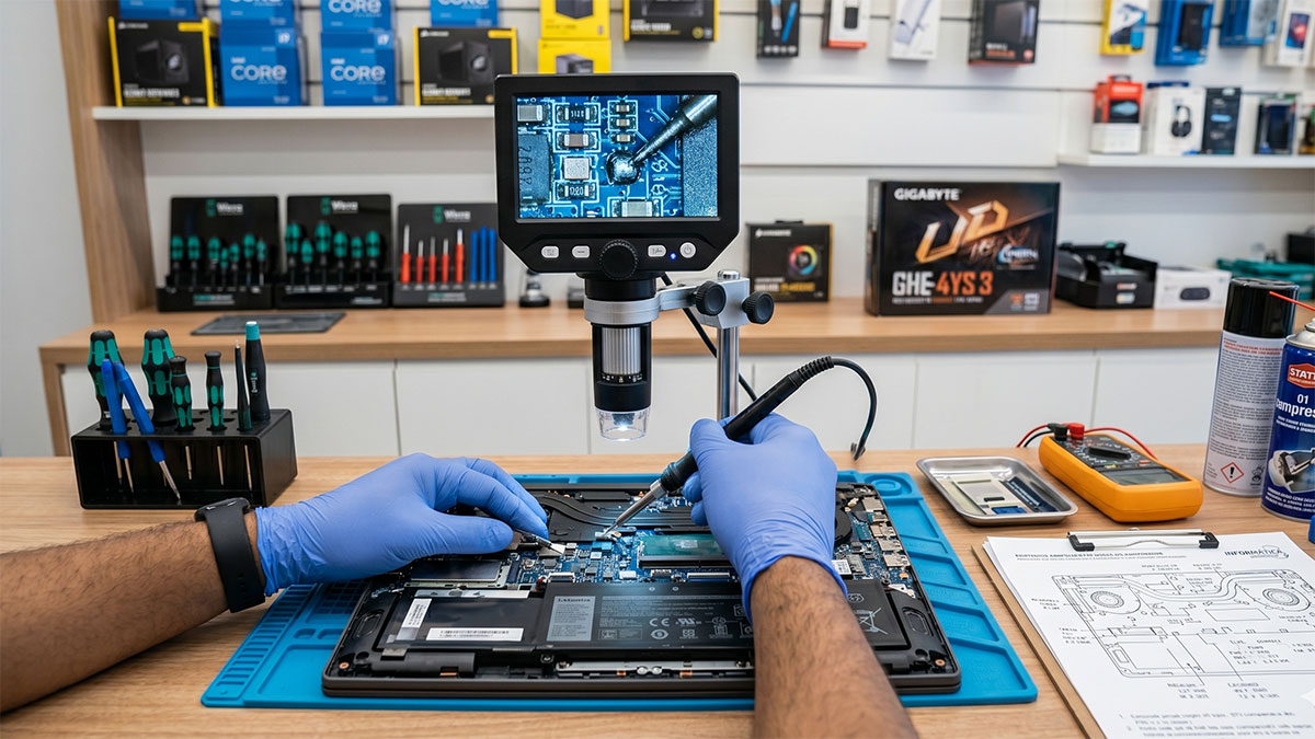 Técnico fazendo conserto de notebook em Caraguatatuba no litoral norte