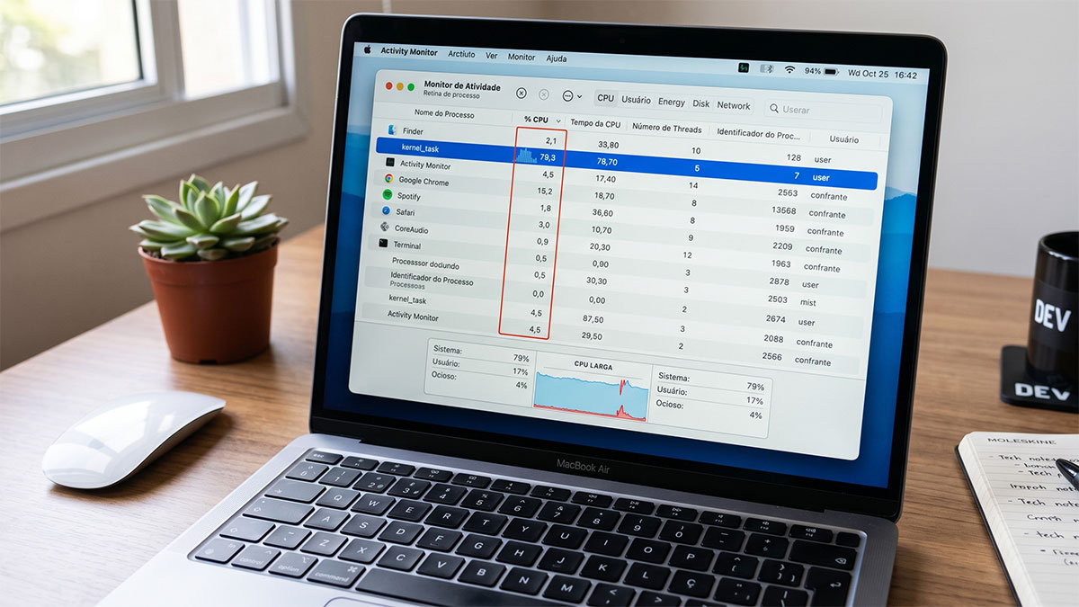 Monitor de Atividade do macOS mostrando processos com alto consumo de CPU em MacBook superaquecendo