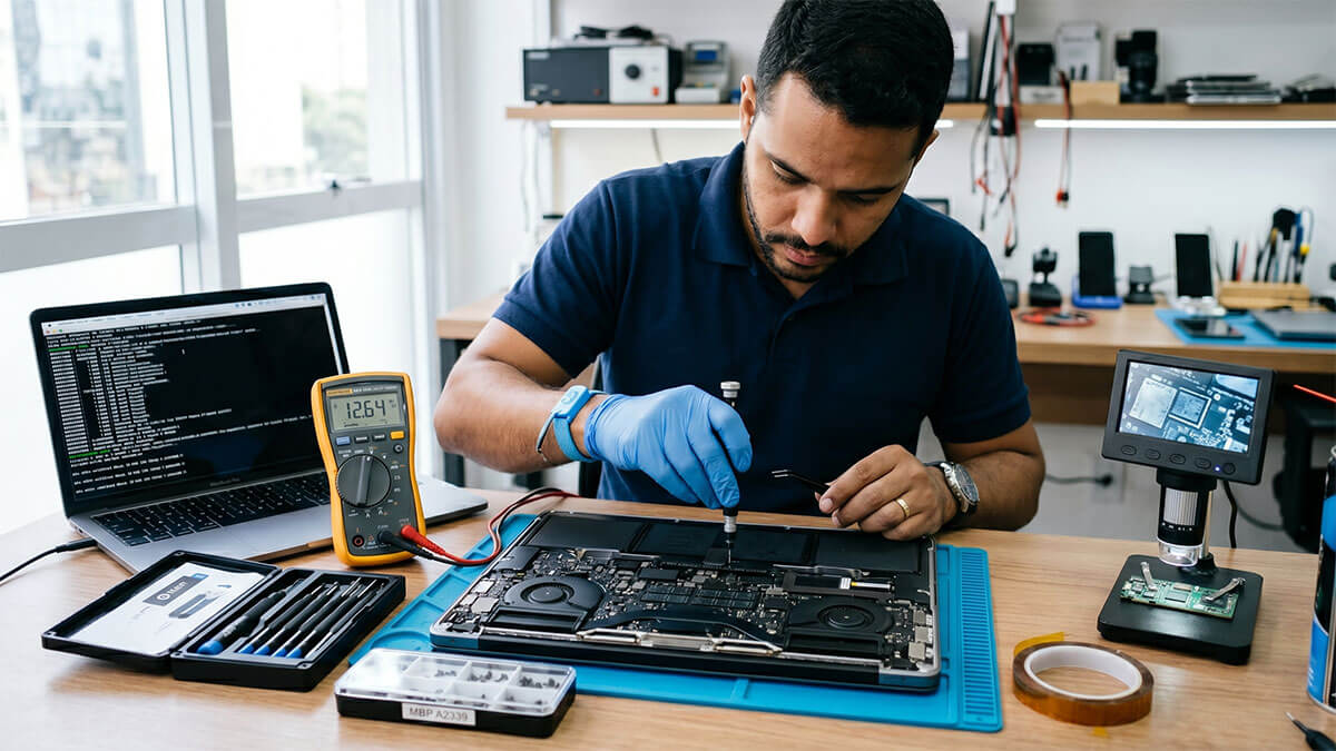 T&eacute;cnico analisando tela do MacBook com problema aberto sobre bancada de assist&ecirc;ncia t&eacute;cnica