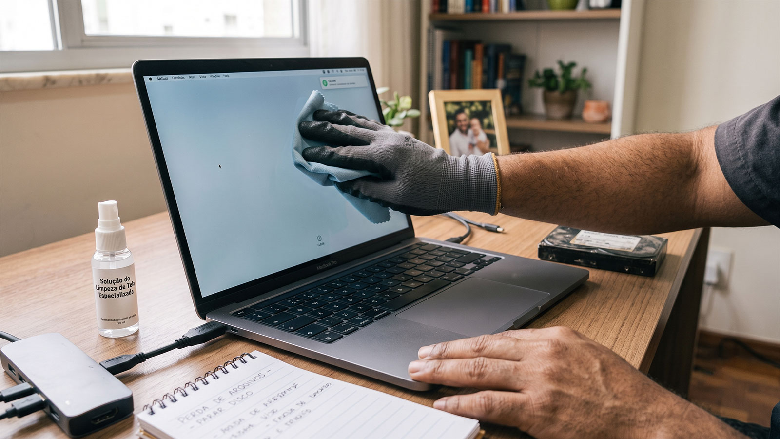 Pessoa limpando a tela de um MacBook com pano de microfibra