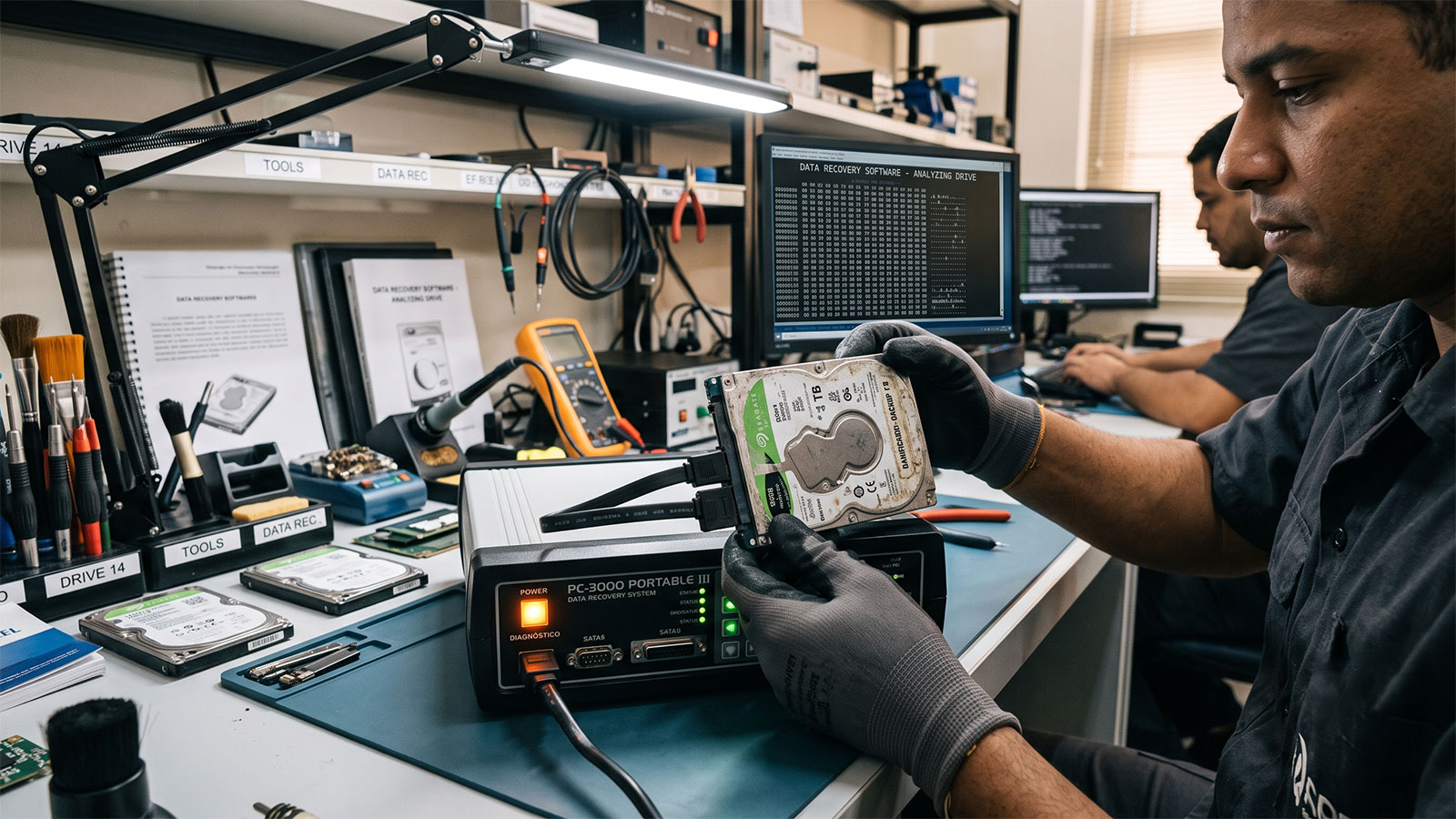 T&eacute;cnico conectando HD danificado a equipamento de recupera&ccedil;&atilde;o de dados