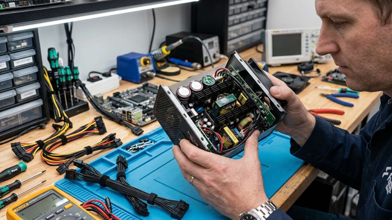 Técnico testando a fonte do pc fazendo barulho