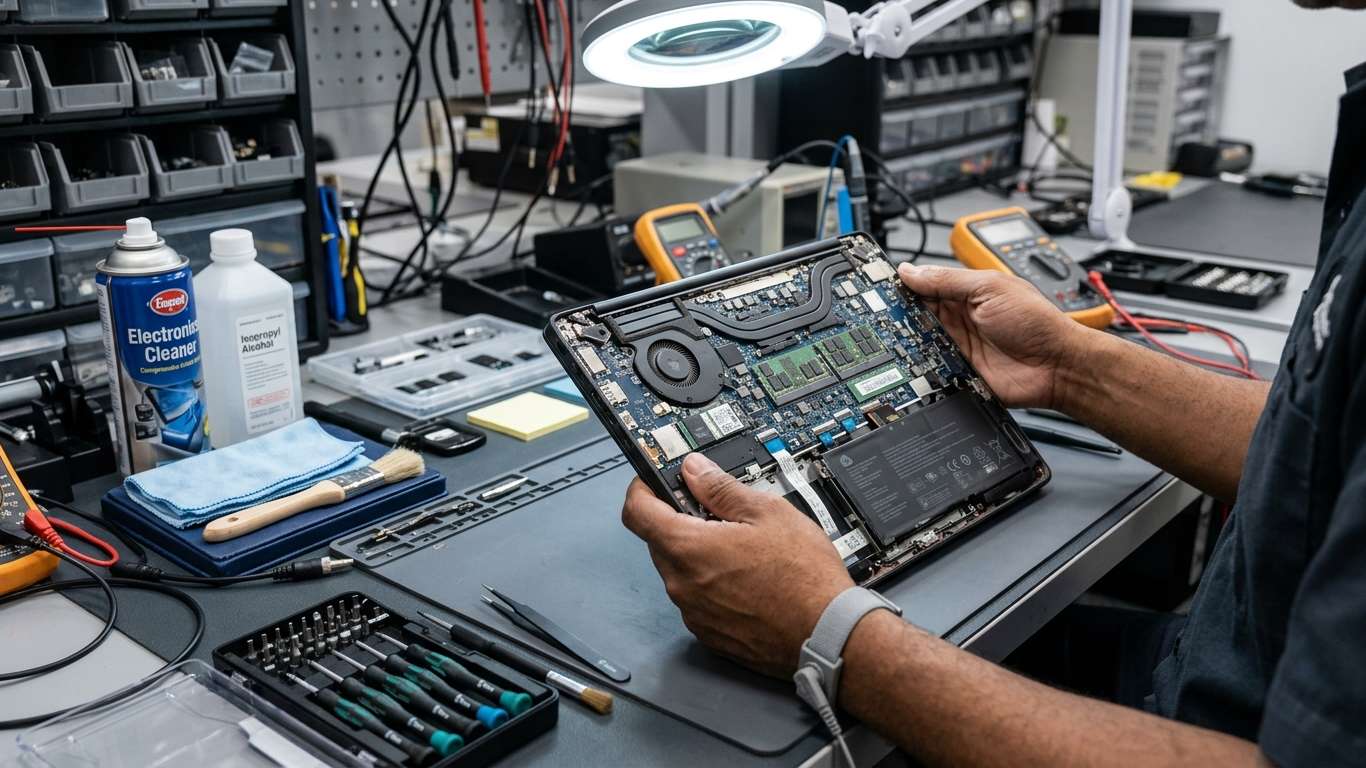 T&eacute;cnico inspecionando a placa-m&atilde;e de notebook molhou garantia de conserto